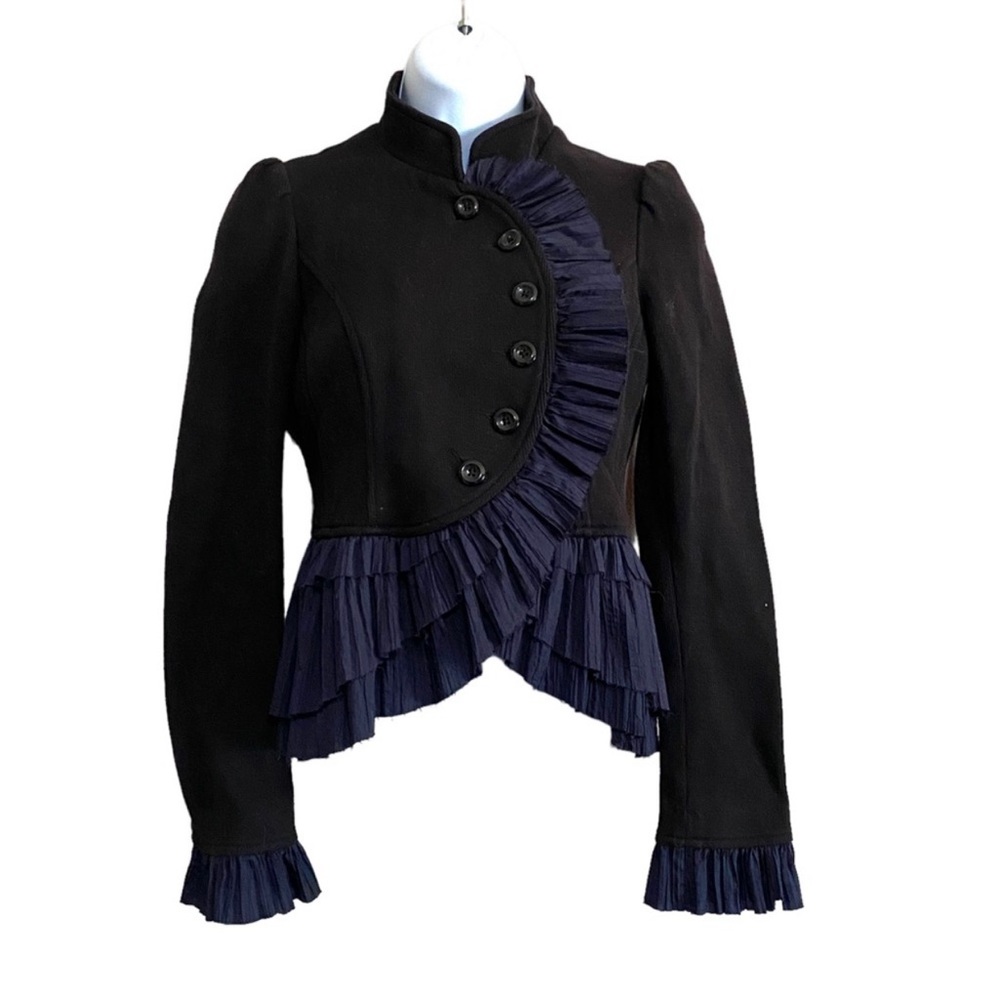 Free People Crop Victorian Ruffle Military Jacket Knit Size 0 Black
